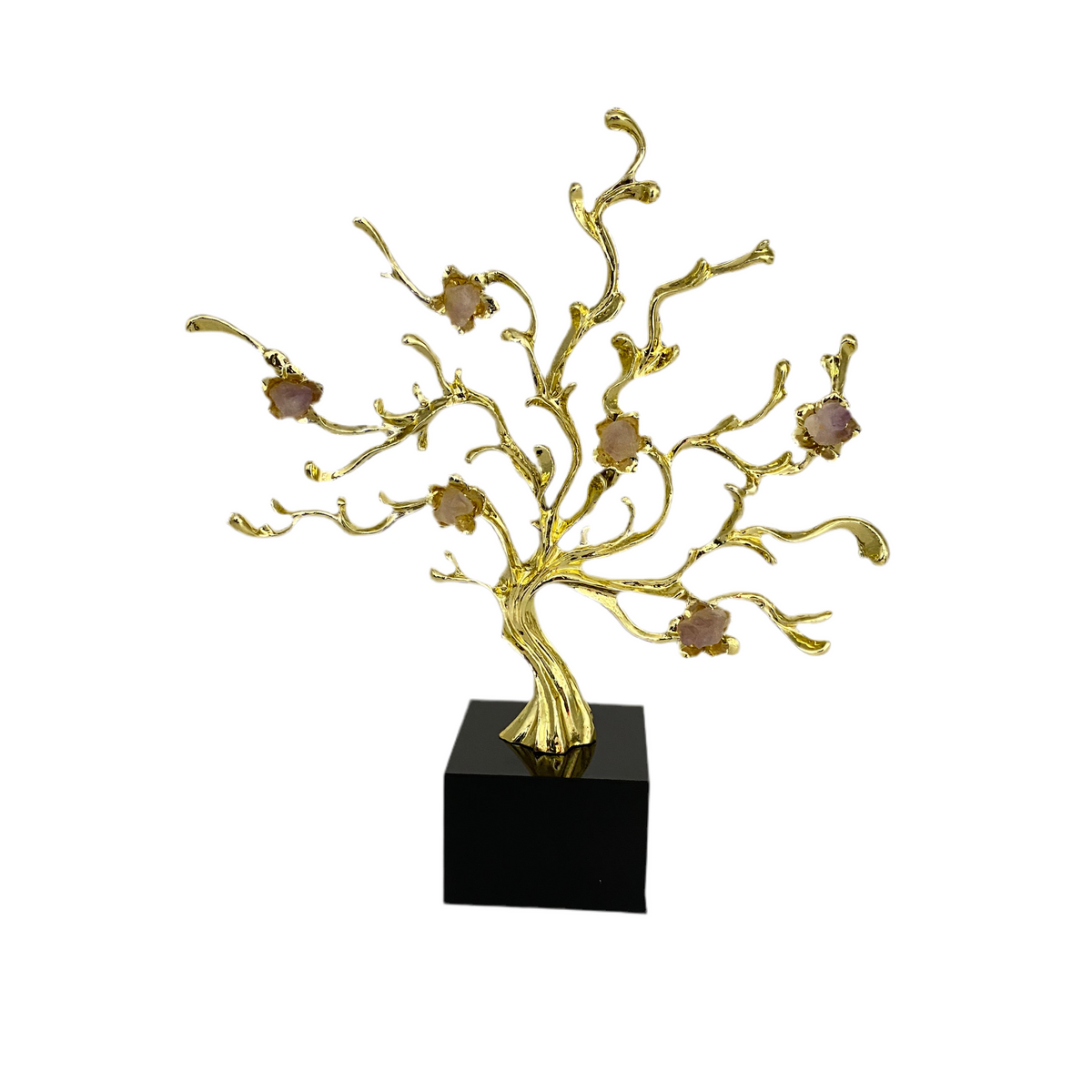 Golden Metal Tree- Crystal Stone With Marble Base Statue Ornament Decoration