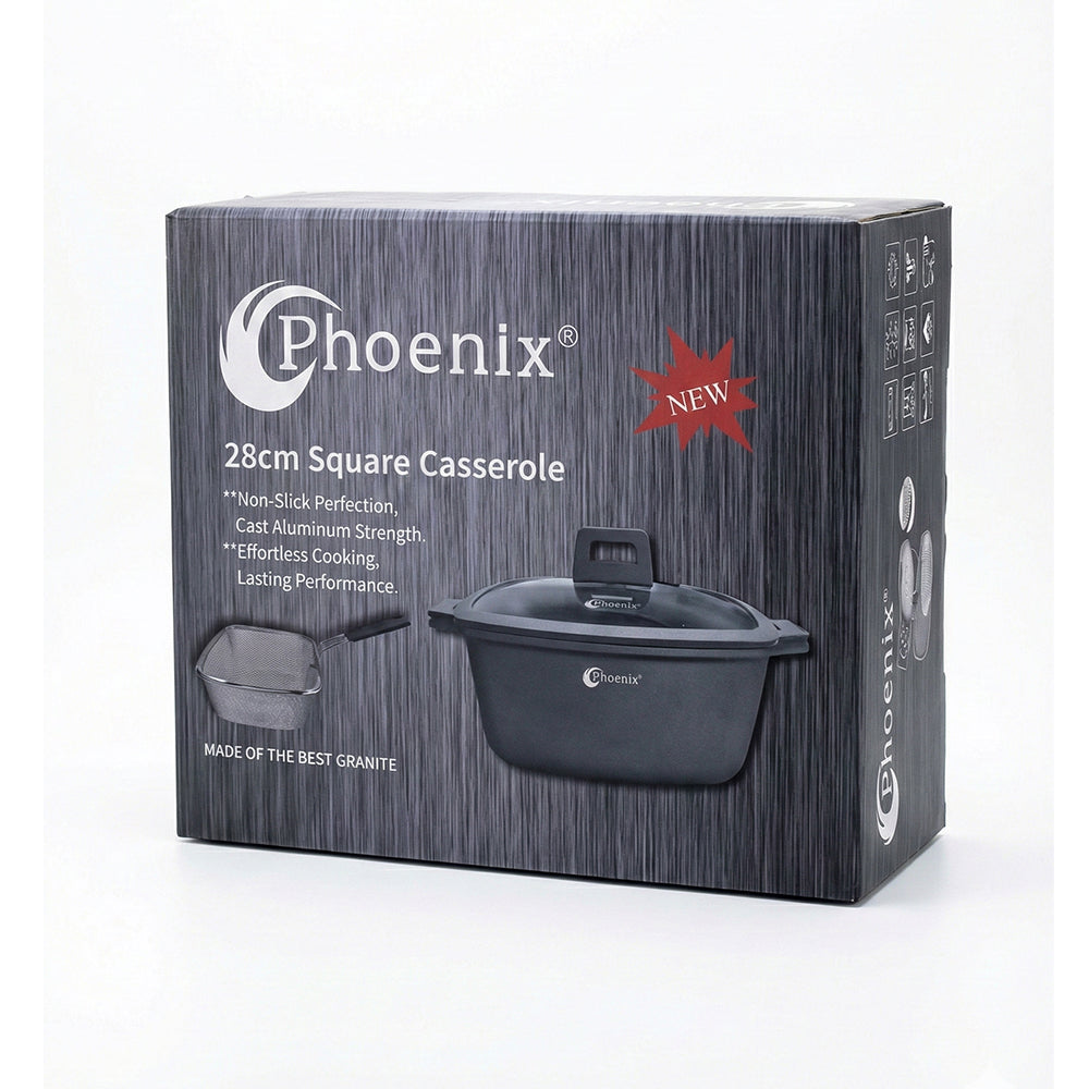 Phoenix 28cm Cast Aluminum Casserole with Glass Lid & Frying Basket – Grey