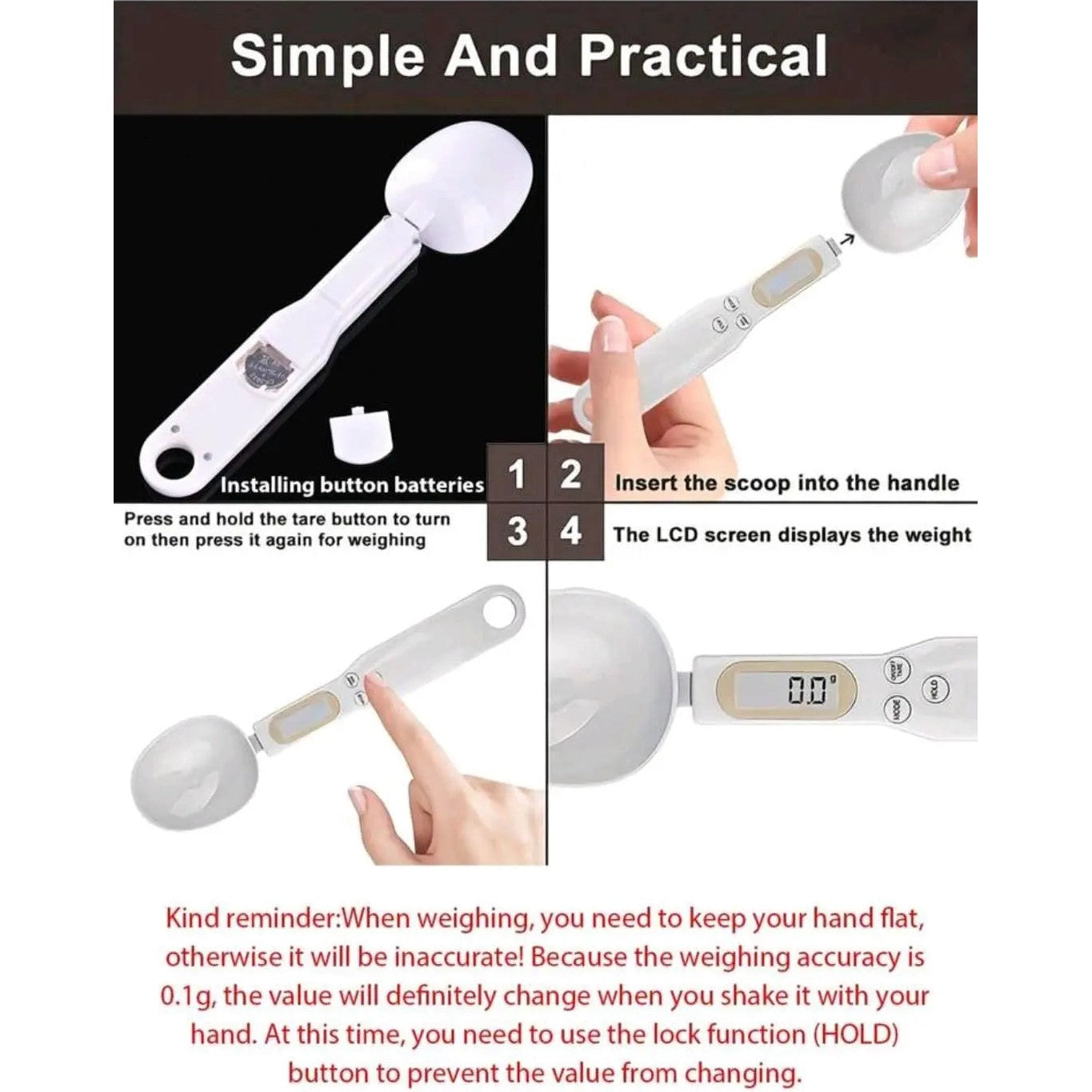 1pc Accu-Measure Digital Kitchen Scale Spoon - LCD Display, 0.1g-500g Precision