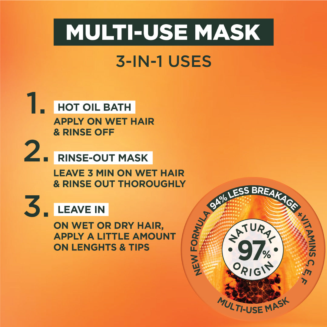 Garnier Ultra Doux Papaya Vegan Hair Food 3in1 Mask for damaged hair, Boosted with Vitamins C, E & F