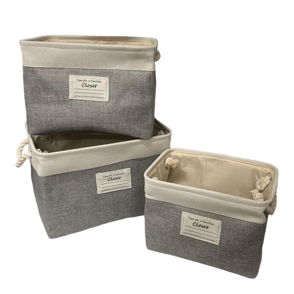 Set of 3 Large Deep Fabric Baskets with Rope Handles