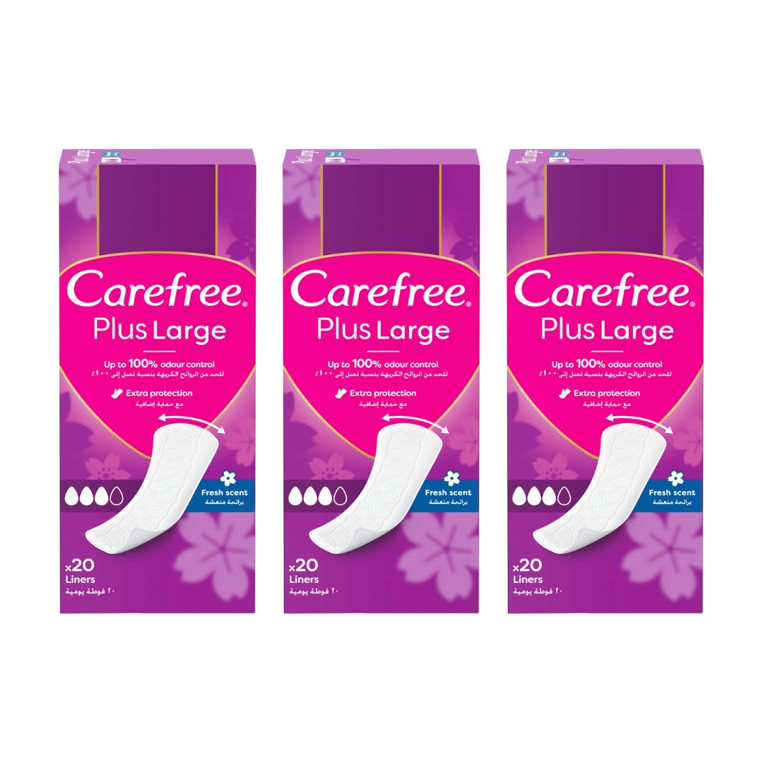 Carefree Plus Large Panty Liners With Fresh Scent 20s, Pack of 2+1 Free