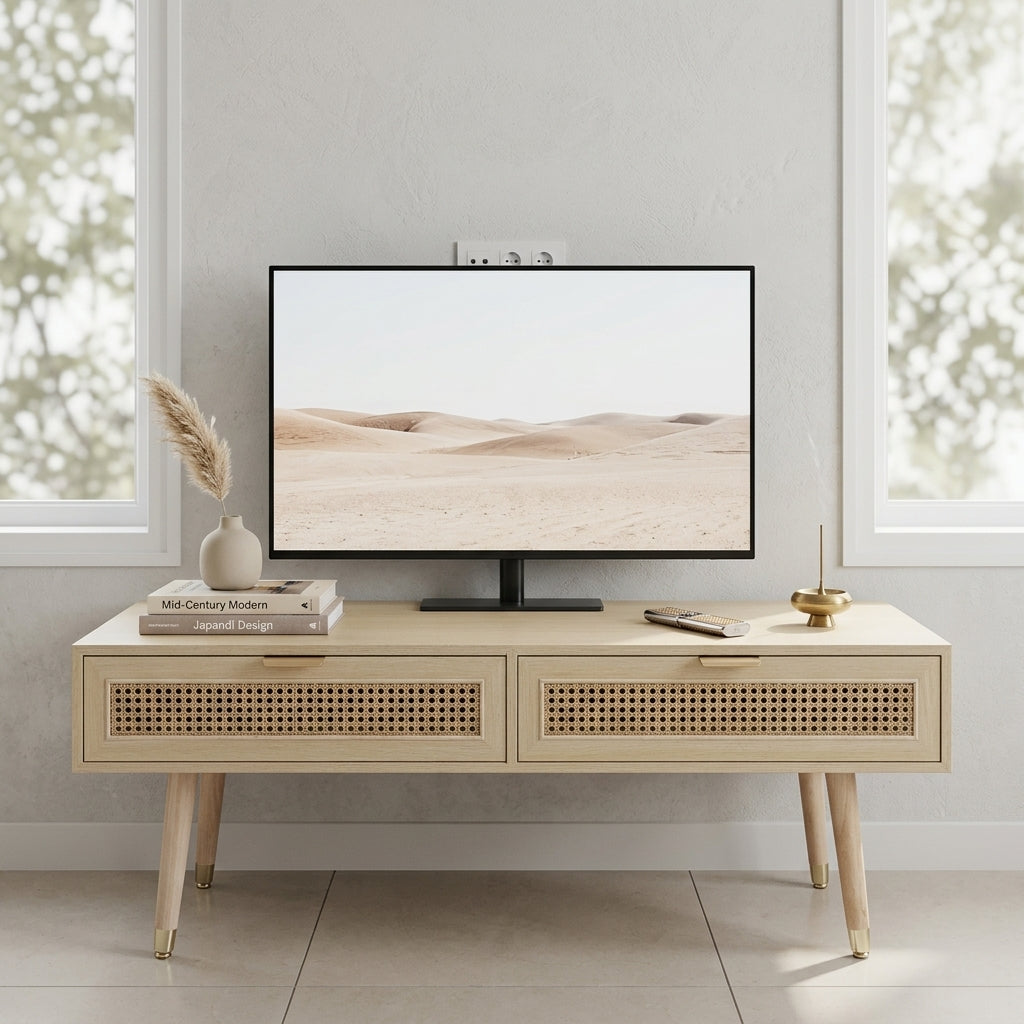 Wooden TV Console with Rattan Drawers