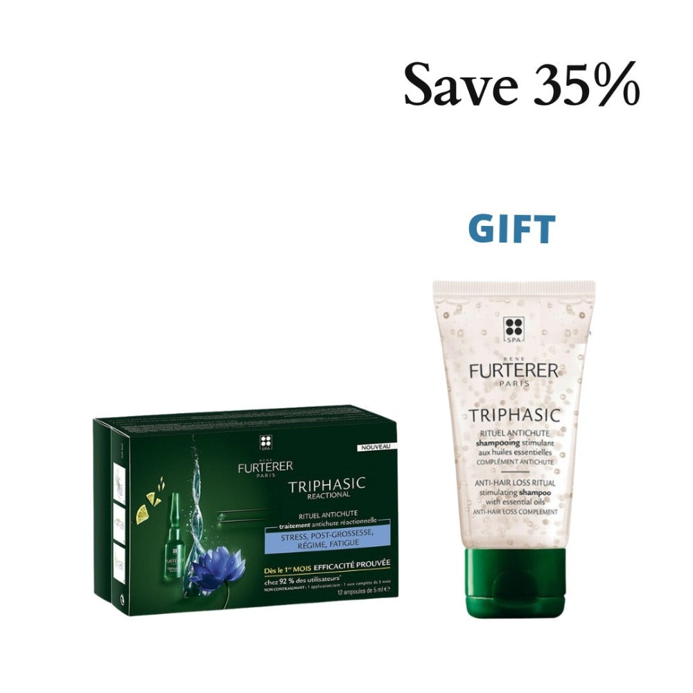 Rene Furterer Triphasic Reactional Sudden Hair Loss Treatment 12 Amp X 5 ml + Free triphasic Ritual Anti-Chute Shampoo 50 ml - Medaid International