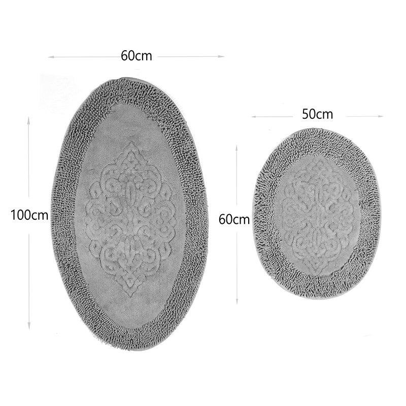 2 Pieces Oval Cotton Bath Mat and Toilet Mat Ultra Absorbent Washable Non Slip Bathroom Mats Gray - Image 3