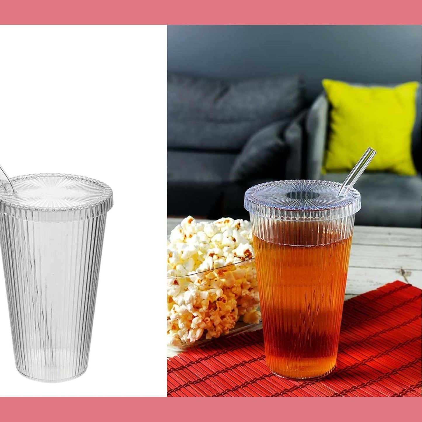Lined Plastic Cup 600 ml with Glass Straw