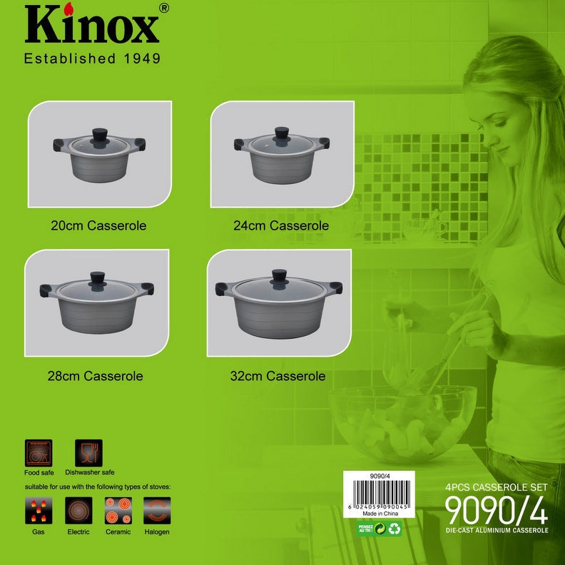 Kinox casserole with glass lid and black silicon handles (4pcs set)