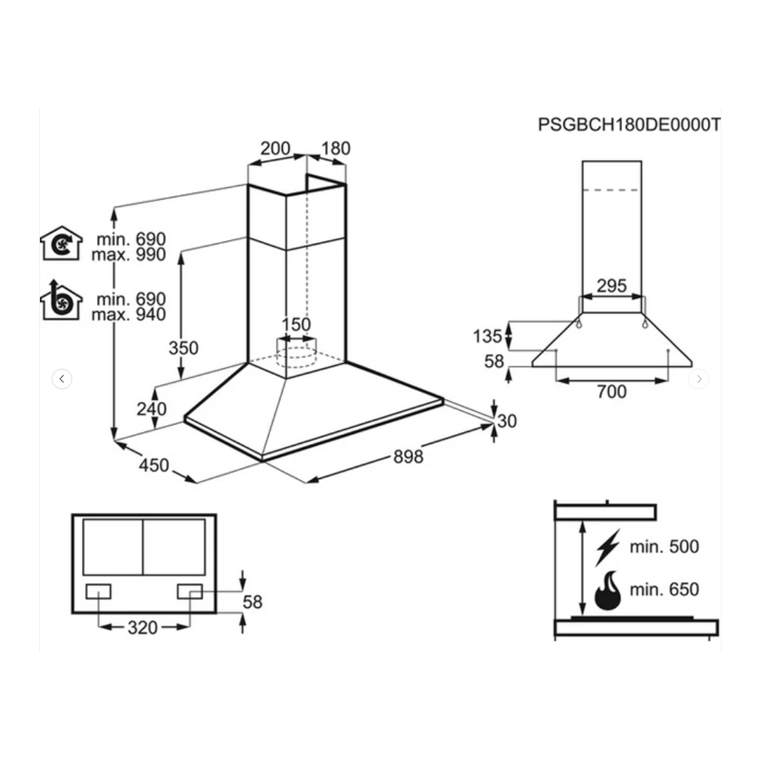 Electrolux 90cm Chimney Hood Stainless Steel LFC319K Black