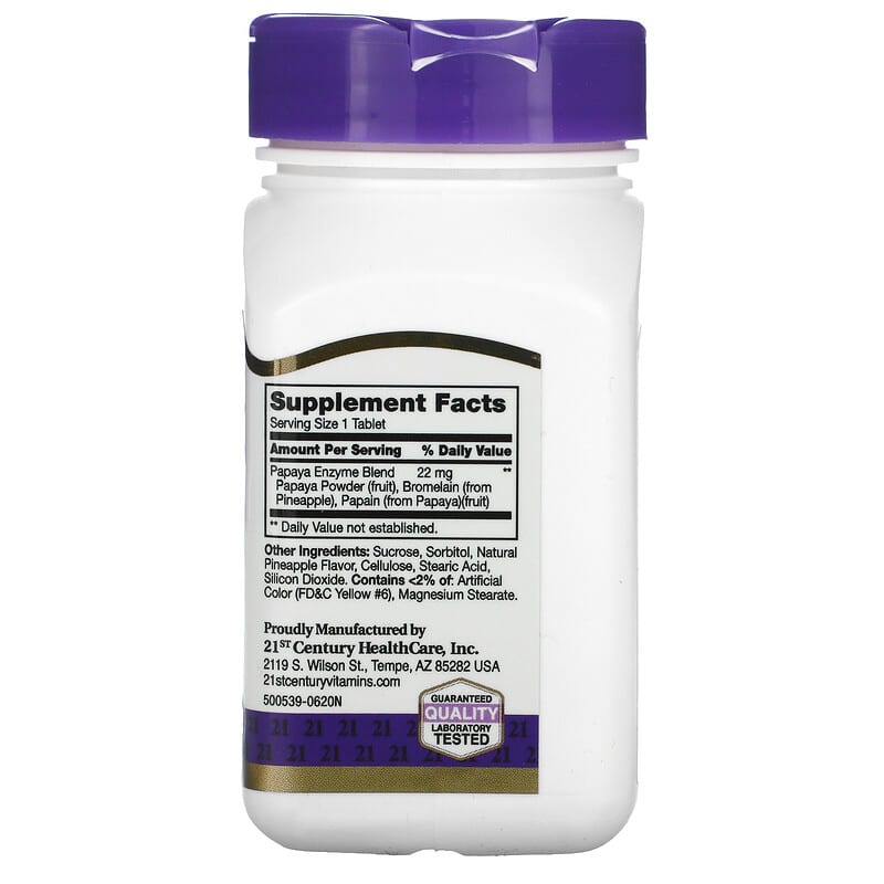 21st Century, Papaya Enzyme, Chewable, 100 Tablets - Medaid International