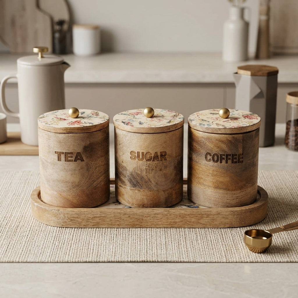 Wooden Tea, Sugar & Coffee Canister Set
