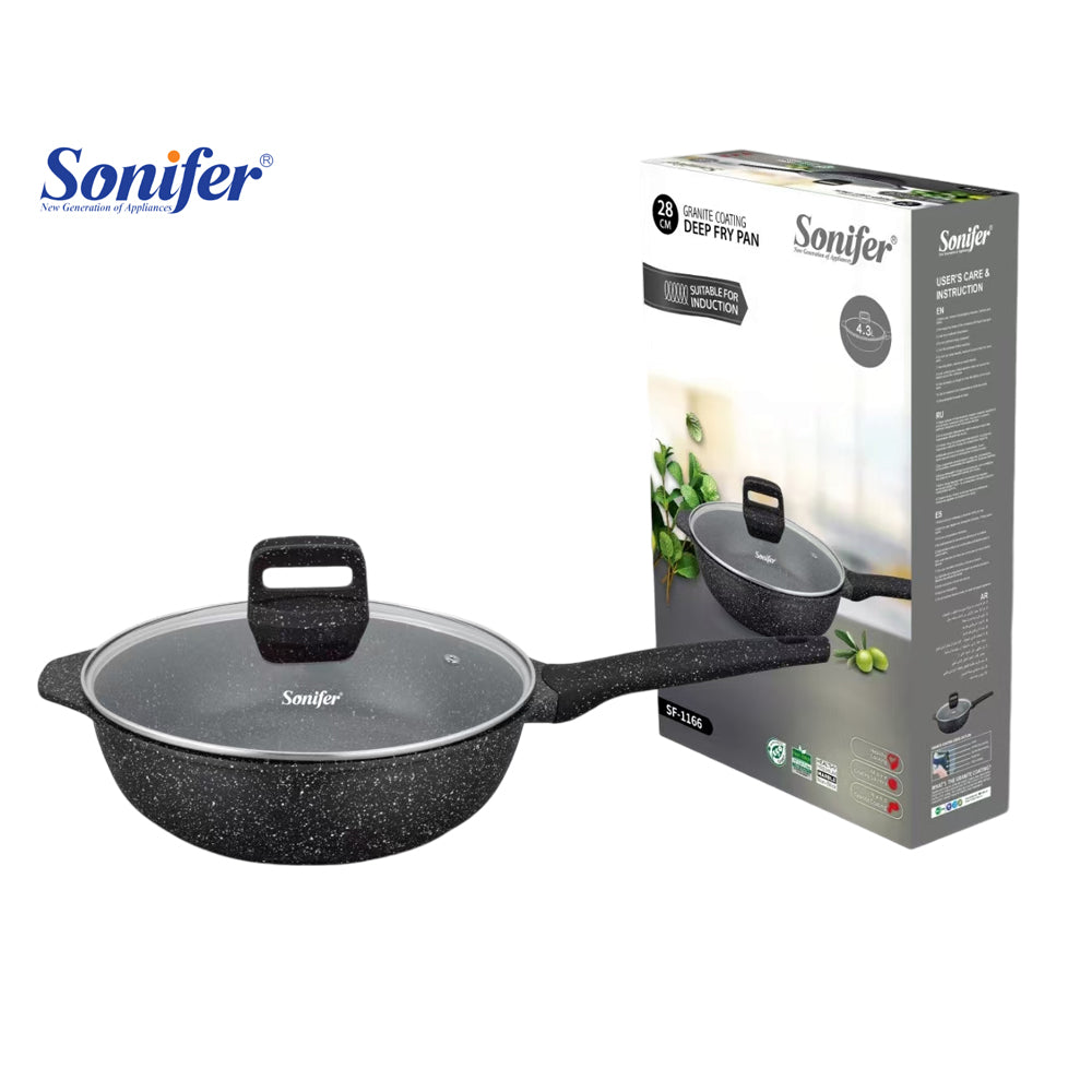 Sonifer Non-Stick Granite Deep Fry Pan With Glass Lid SF-1166 28cm