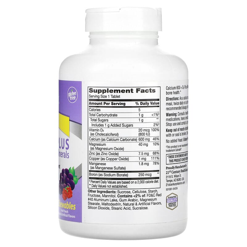 21st Century, Calcium 600 + D3 Plus Minerals, Fruit Punch, 75 Chewable Tablets - Medaid International