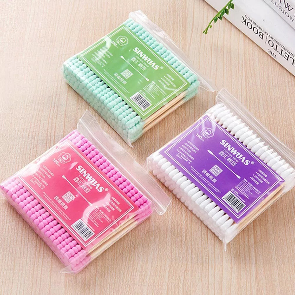 (NET) 100Pcs Double Head Disposable Makeup Cotton Swab