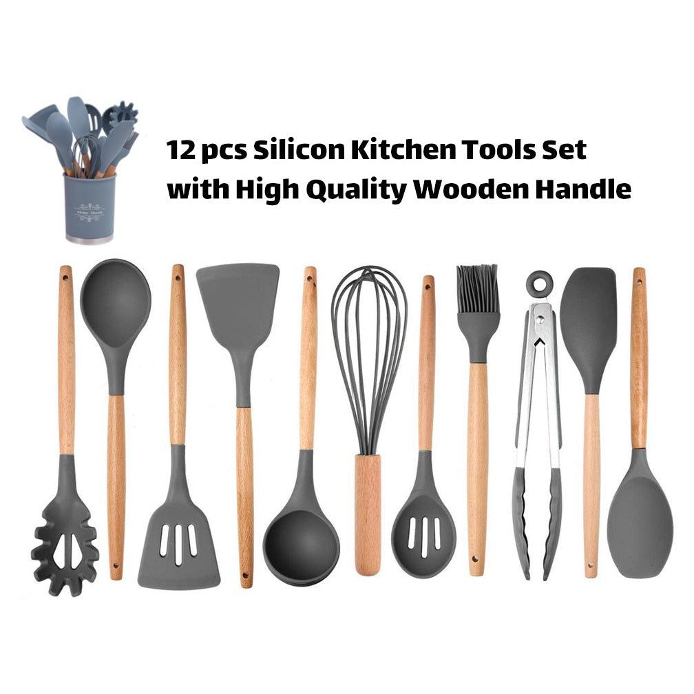 Silicon Kitchen Utensil Set with Wooden Handle 12 pcs