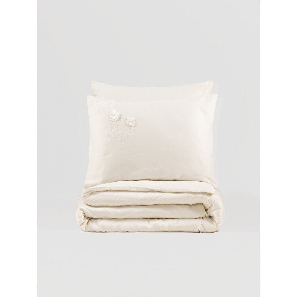 3D Embroidered Satin Double Duvet Cover Set Pure Ecru