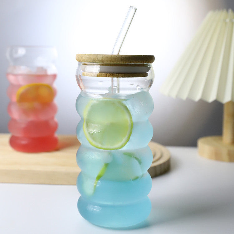 Matcha Wave Shaped Glass Tumblers Drinking with Lid and Straw – 450ml