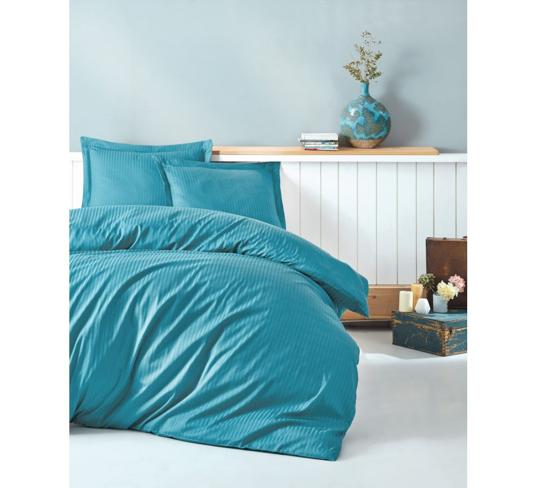 Elegant Stripe cotton Double Duvet Cover Set Turquoise
