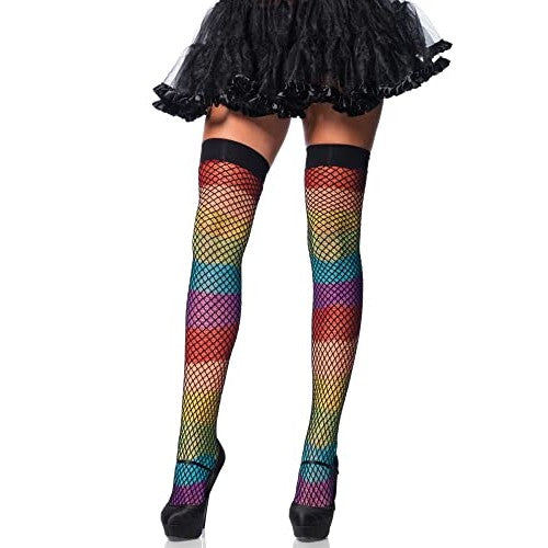 Leg Avenue - Women's Rainbow Thigh Highs with Fishnet Overlay, Vibrant Colors, Comfortable Fit, Perfect for Costumes