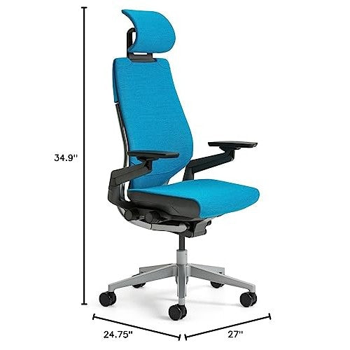 Steelcase Gesture Office Desk Chair with Headrest, Cogent Connect Licorice 5S26 Fabric, Medium Seat Height, Light on Dark Frame, Lumbar Support, and Hard Floor Casters - Medaid International