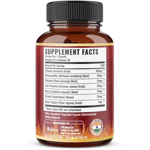Tribulus Terrestris Capsules with Ashwagndha, Panax Ginseng, Saw Palmetto, Maca, Shilajit - 90 Capsules - 3 Months Supply - Medaid International
