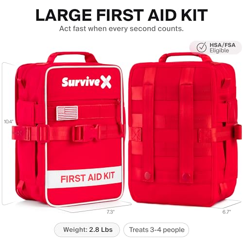 SurviveX Large First Aid Kit for Car, Travel & Home - Emergency Kit for Hiking, Camping, Backpacking and Outdoors - Includes Zip Stitch Wound Closure Strips