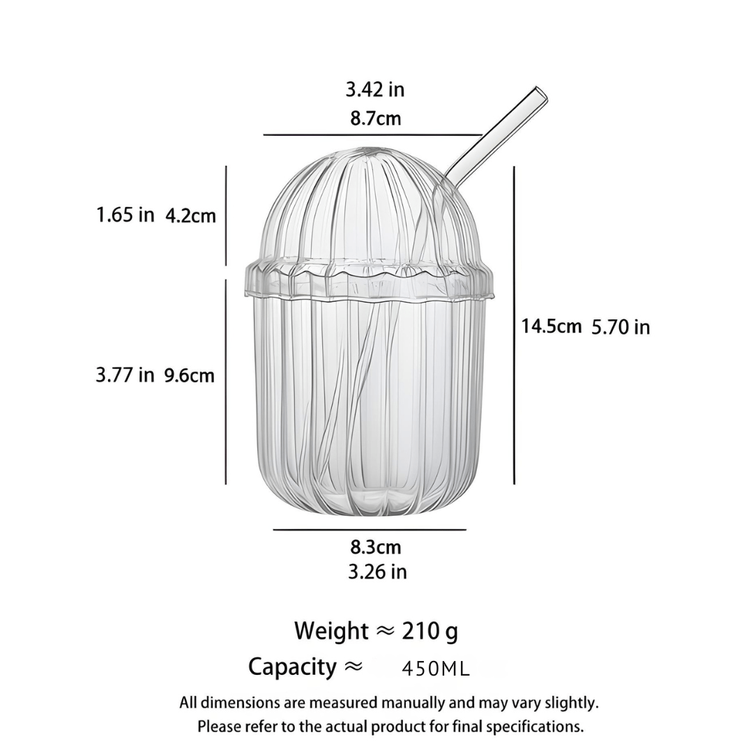 450ml Ribbed Glass Tumbler with Straw & Lid
