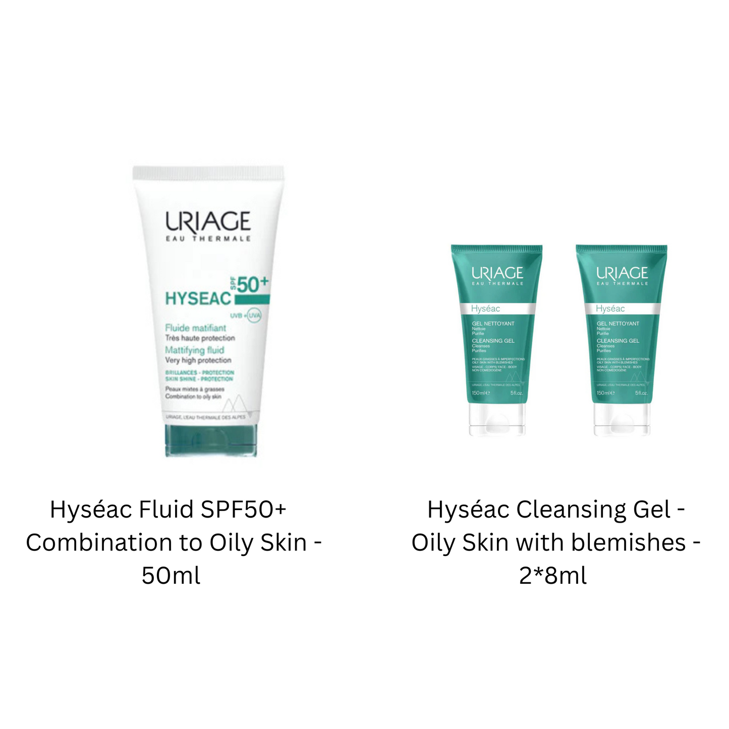 Uriage Hyséac Fluid SPF50+ Combination to Oily Skin - 50ml + FREE Hyséac Cleansing Gel - Oily Skin with blemishes - 2*8ml