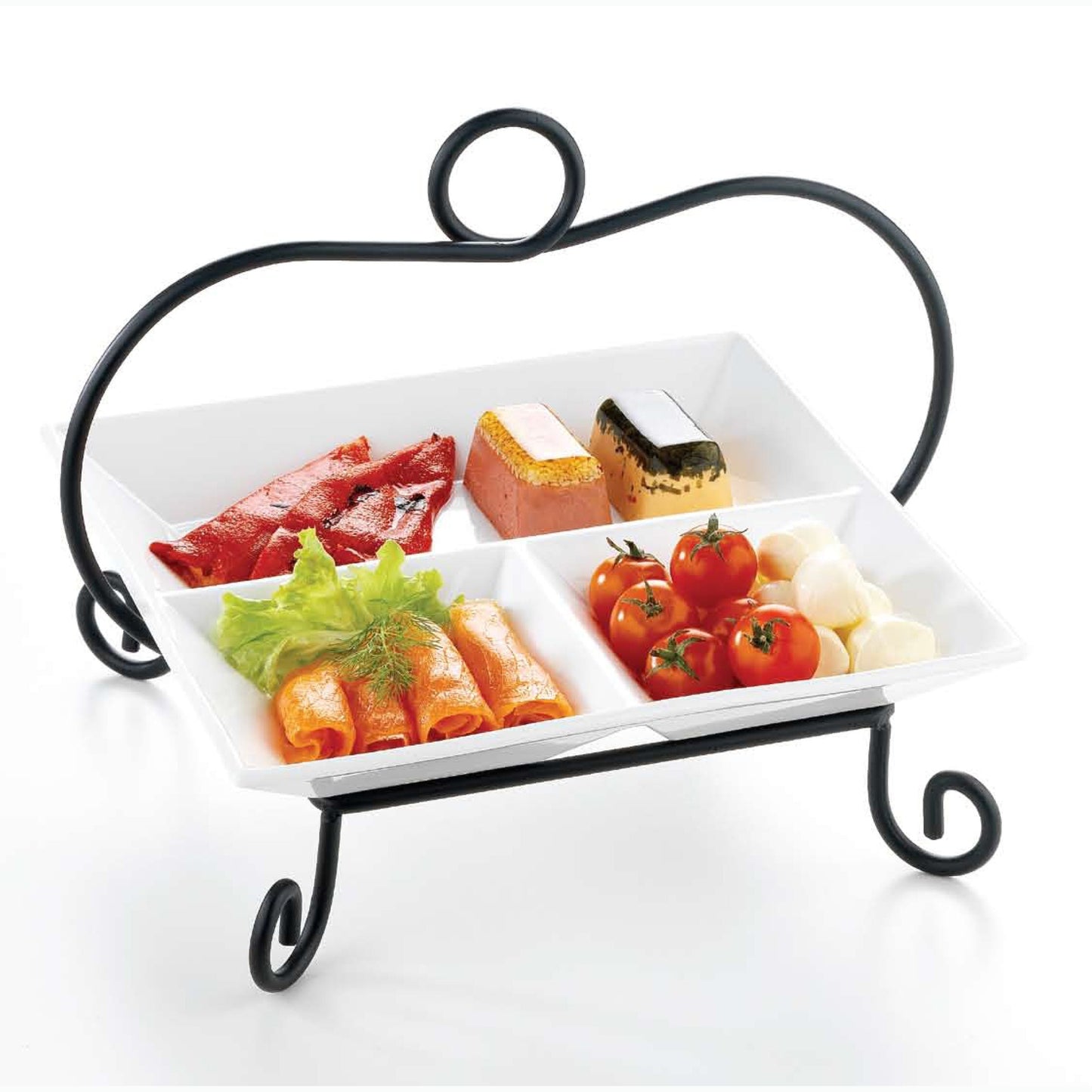 Symphony 3 division sqaure platters with metal rack