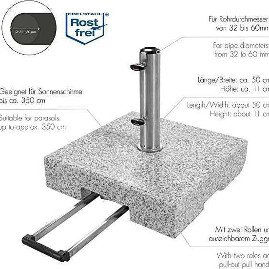 Doppler Active 70kg Granite Parasol Base – Mobile Weather-Resistant Stand with Stainless Steel Tube