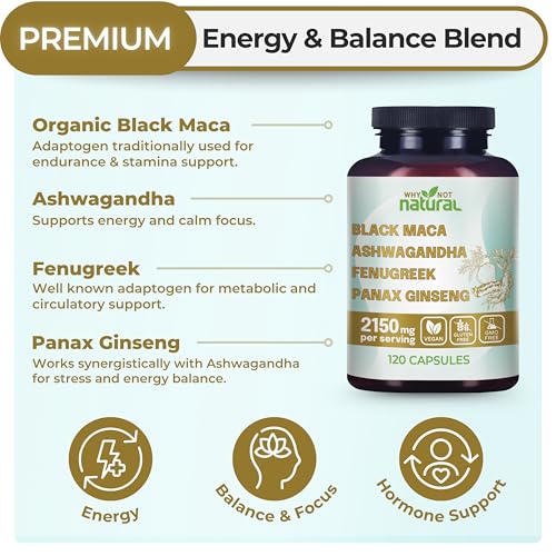 Why Not Natural 4-in-1 Organic Black Maca Root, Ashwagandha, Fenugreek, Panax Ginseng Capsules, Supplement for Men and Women - Medaid International