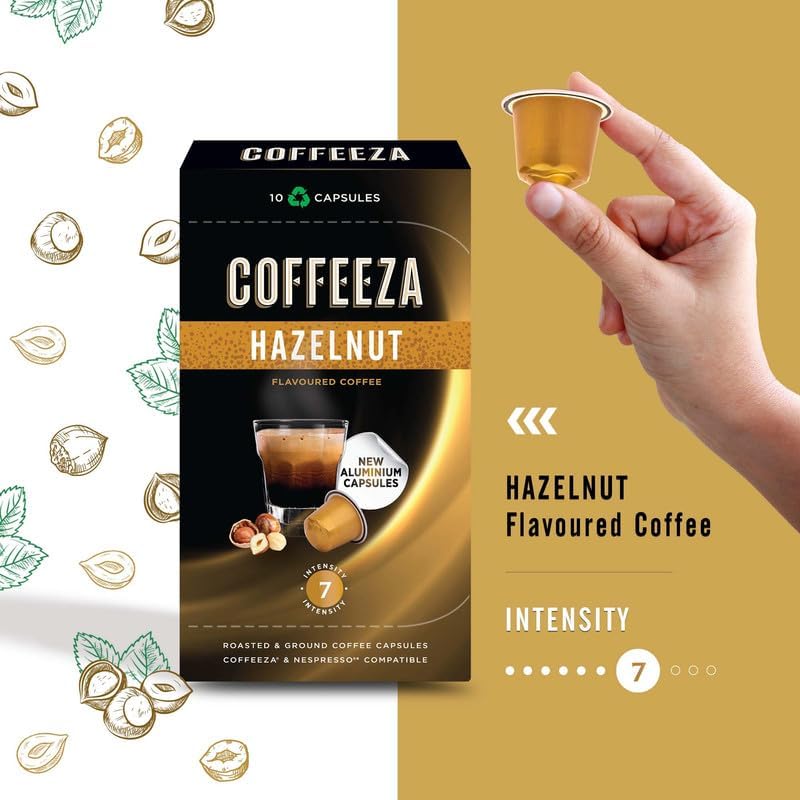 Coffeeza Hazelnut Flavoured Aluminium Coffee Capsules, Intensity - 7, Nespresso Compatible 100% Arabica Coffee Pods | Box of 1 (10 Capsules)