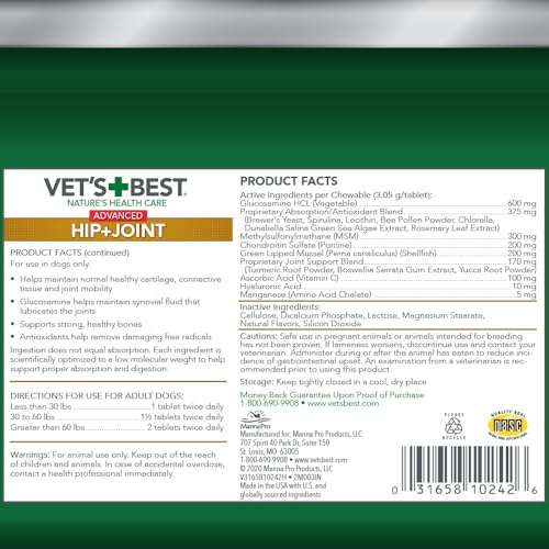 Vet's Best Advanced Hip & Joint Dog Supplements | Formulated with Glucosamine and Chondroitin to Support Dog Joint and Cartilage Health (3165810242)