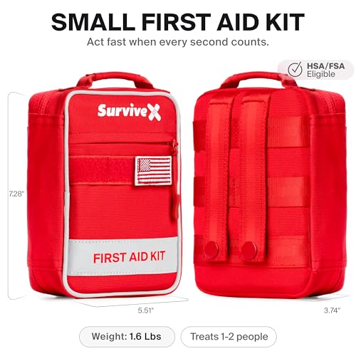 SurviveX Small First Aid Kit for Car, Travel & Home - Emergency Kit for Hiking, Camping, Backpacking and Outdoors - Includes Zip Stitch Wound Closure Strips