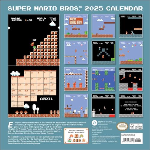 Super Mario Bros. 8-Bit Retro 2025 Wall Calendar with Bonus Diecut Notecards - Medaid International
