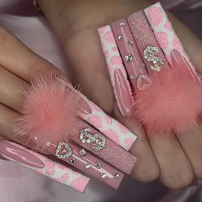Nail Apparel Y2K Long Coffin Cute Kawaii Press on Nails 3D Cartoon Hot Pink Rabbite Black Pink Daisy Duck Glitter Rhinestone Heart Pearl Bow Flame Long Ballet Trapezoid Fake Nails 24Pcs (3D Pink Heart - Medaid International