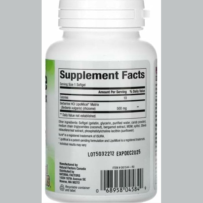 Natural Factors Berberine LipoMicel Matrix - Daily Supplement Supports Metabolic Health - Formula Supports General Health - Gluten-Free & Dairy-Free - 60 Liquid Softgels (60 Servings) - Medaid International