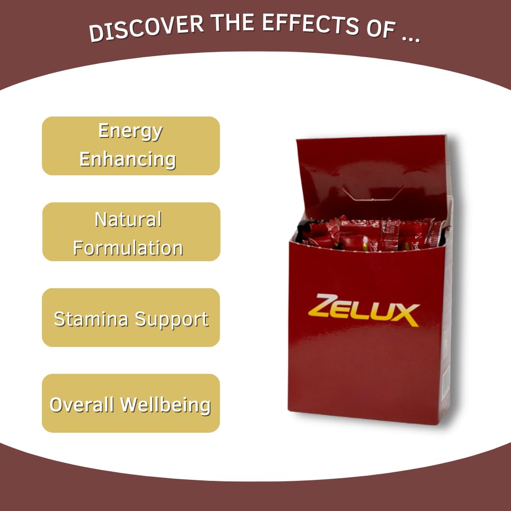 Zelux Supplement Box 8 Sachets - Booster for Vitality & Performance - Natural Stamina - Energy Support - Natural Ingredients Damiana, Tribulus Terrestri, Ginkgo Biloba, Maca, Korean Red Gingseng - Medaid International