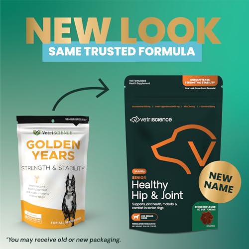 VetriScience Senior Healthy Hip & Joint Soft Chews, GlycoFlex Glucosamine, Green-Lipped Mussel, and Carnitine Joint Supplement for Senior Dogs, Soothe Joint Discomfort, Chicken, 120 Count