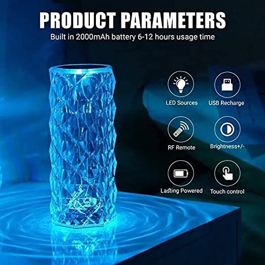 Wyatt Enterprises - Rose Diamond LED Crystal Lamp with 16 Color Options, Remote & Touch Control, USB Rechargeable for Bedroom & Living Room