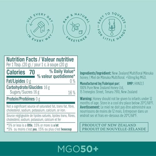 Manuka Honey New Zealand - MGO 50+ Multifloral 100% Pure New Zealand Mānuka Squeezy Honey, Raw Mānuka Honey, 12 Ounce - Medaid International