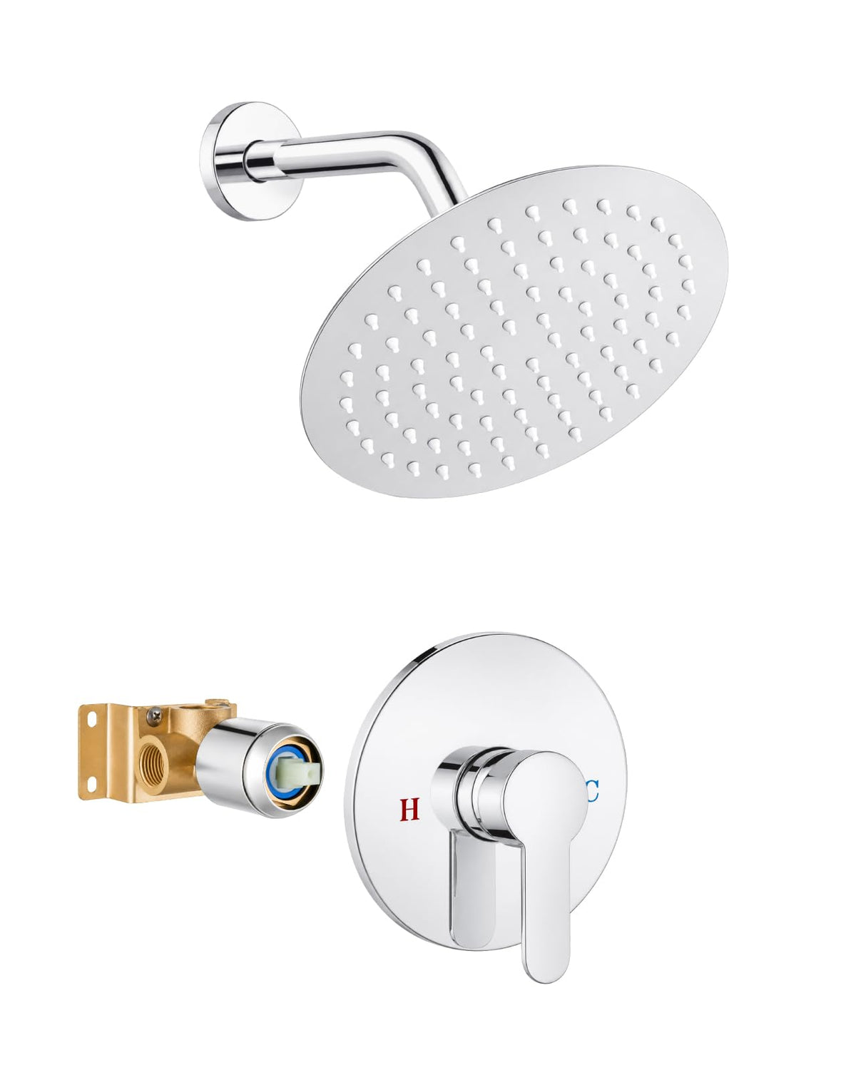 Heyalan Shower Faucet Set Brushed Nickel 8 Inch Round Showerhead Bathroom SUS304 Stainless Steel Rainfall Shower System Wall Mount Single Function Shower Trim Kit with Rough-in Valve 1 Handle