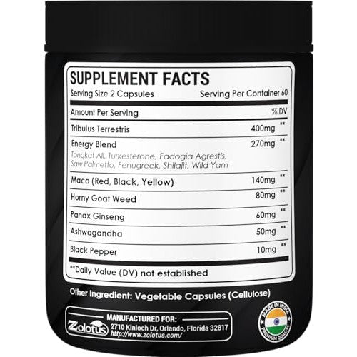 Zolotus 13in1 Tribulus Terrestris Capsules with Maca, Horny Goat Weed, Panax Ginseng, Saw Palmetto, Tongkat Ali, Shilajit & More - Energy, Stamina Supplement for Men & Women - 120 Counts - Medaid International