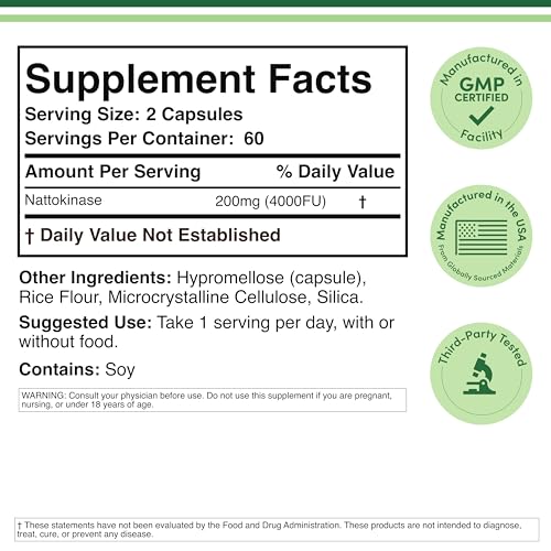 Nattokinase Supplement 4,000 FU Servings, 120 Capsules (Derived from Japanese Natto) Systemic Enzymes for Cardiovascular and Circulatory Support by Double Wood - Medaid International