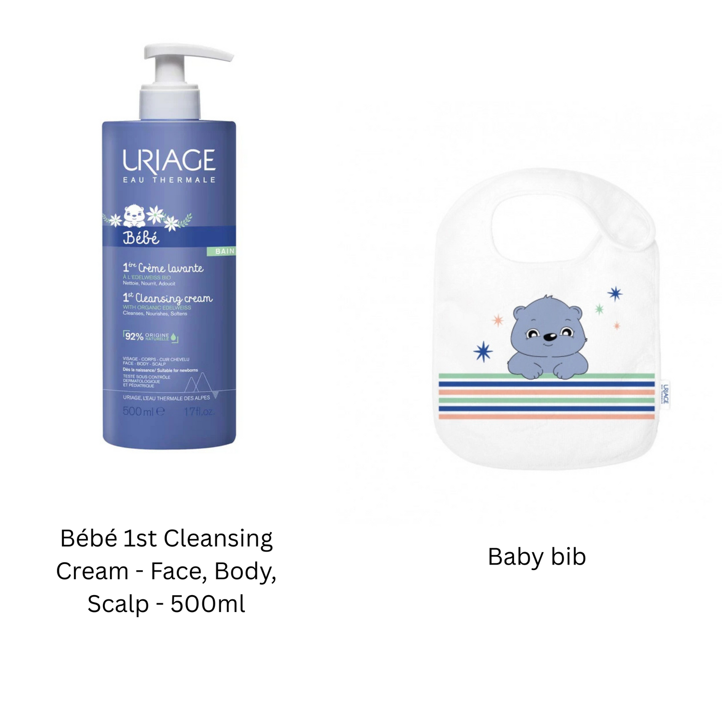 Uriage Bébé 1st Cleansing Cream - Face, Body, Scalp - 500ml + FREE BABY BIB