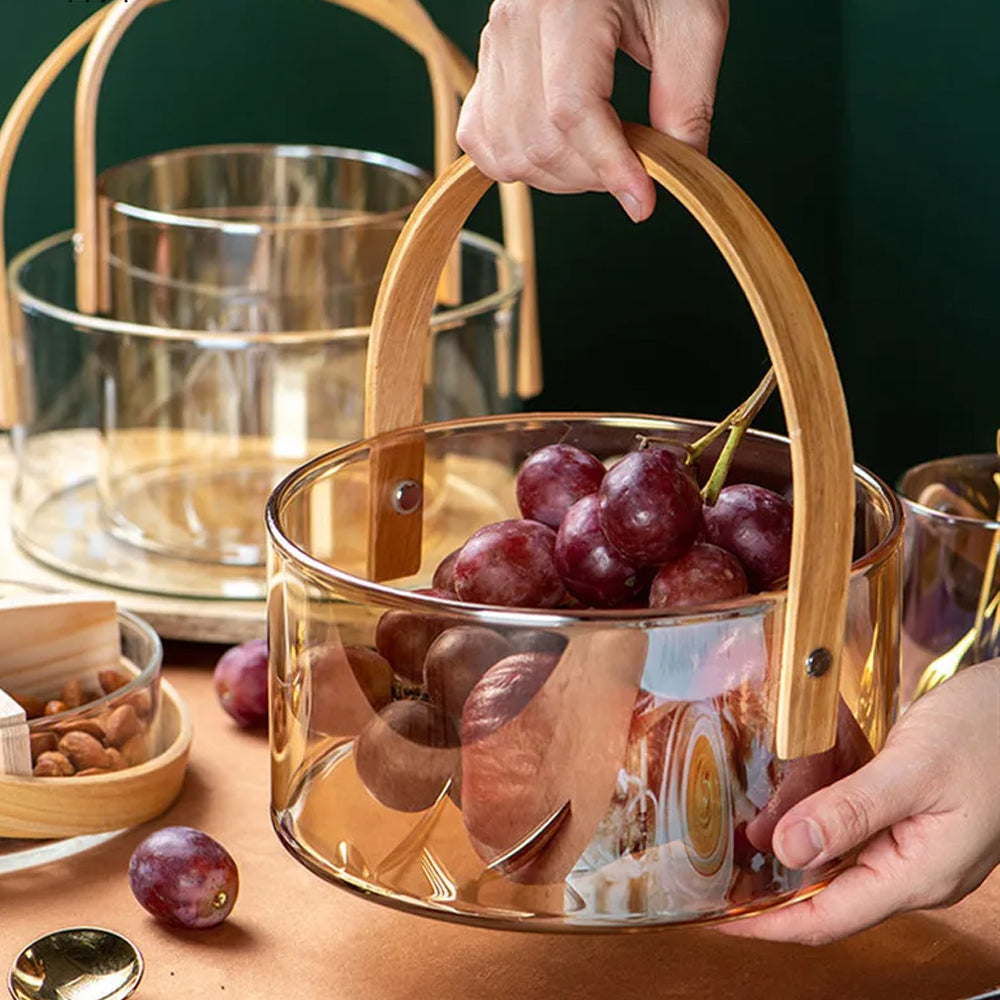 Snacks Glass Fruit Storage Basket with Wooden Handle-Amber Color