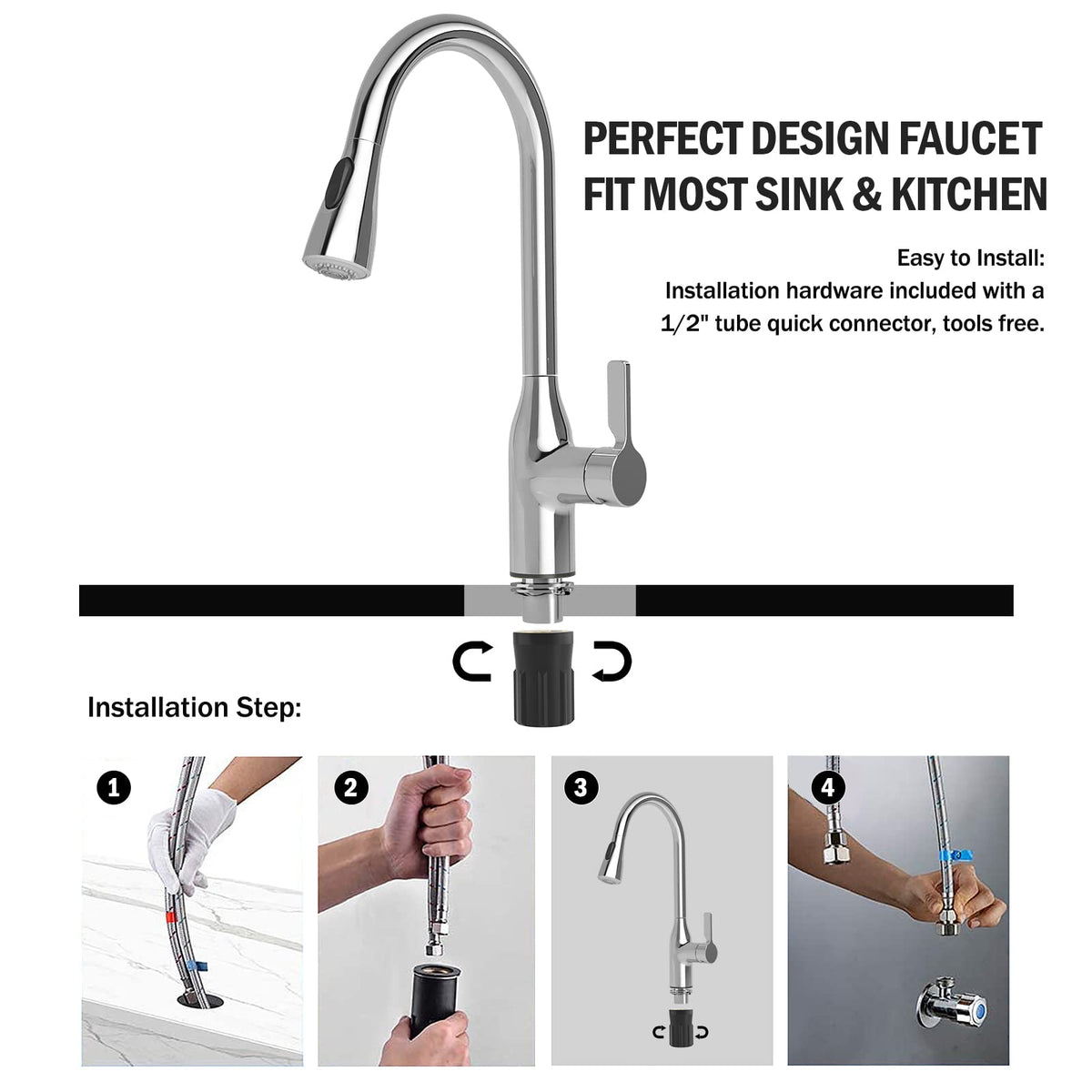 JOMOO Kitchen Faucet, Kitchen Tap with Pull Down Sprayer, 360° Swivel Kitchen Sink Faucet Mixter, High Arc Cold & Hot Water Kitchen Faucet, Chrome