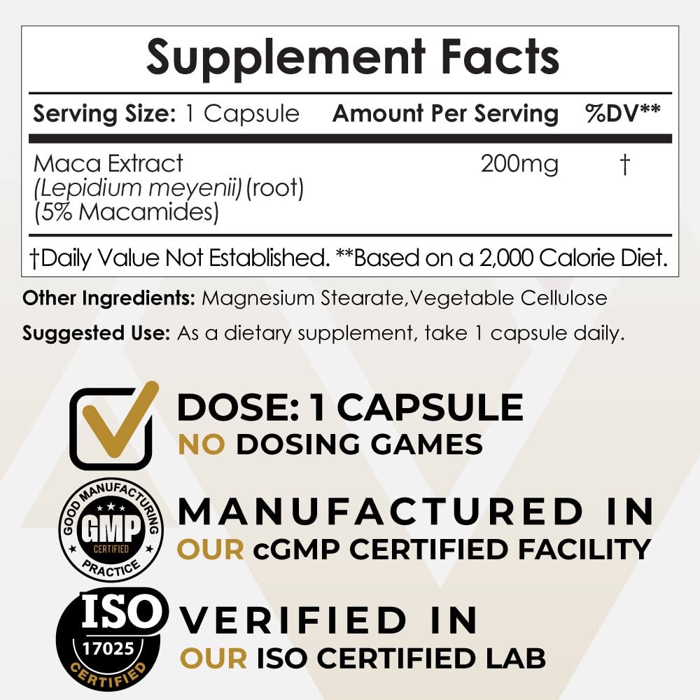 Maca Extract Capsules | 5% Macamides | Lepidium meyenii | Mood, Energy, and Vitality | 60 Count - Medaid International