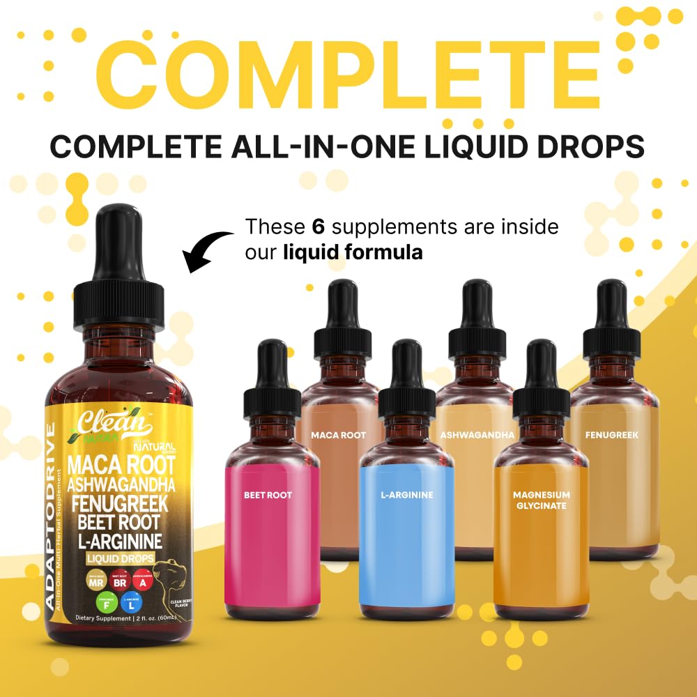 Clean Nutra Organic Maca Root Liquid Drops with Ashwagandha, Fenugreek, Beet Root and L-Arginine Liquid Multivitamin for Women and Men - Adapto Drive - Medaid International