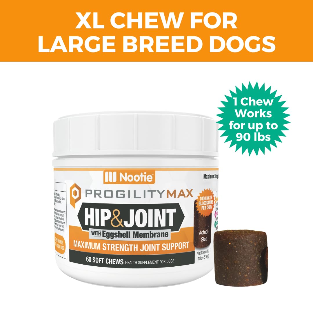 Progility Maximum Strength Hip & Joint Supplement for Large Dogs – Daily Mobility & Joint Support with Eggshell Membrane, Glucosamine, Chondroitin, & MSM, Soft Chews (60 Count)
