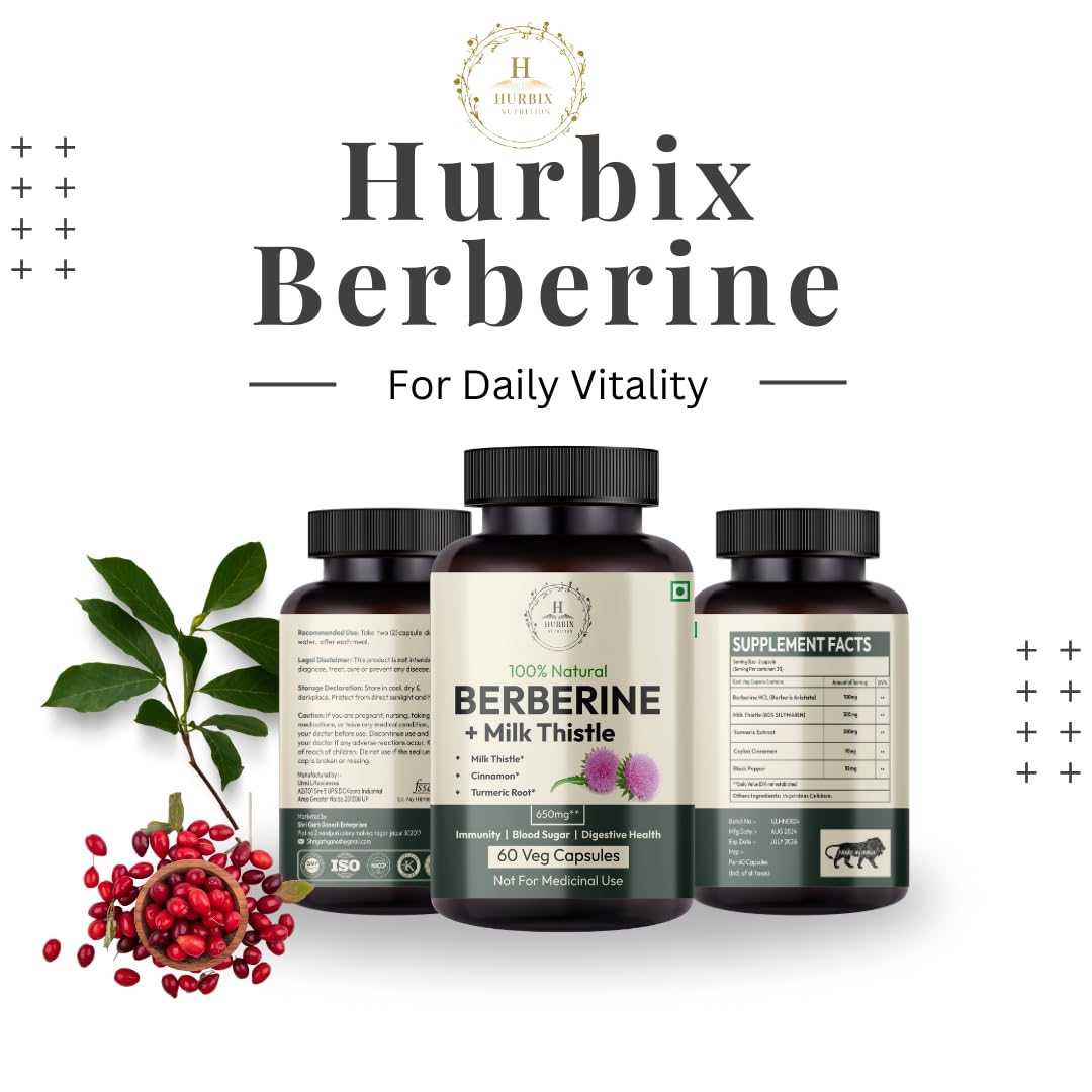 Hurbix Berberine - 1300 mg | 5 in 1 Enhanced Formula with Milk Thistle, Turmeric & Cinnamon | Premium High-Potency Formula | 60 Capsules - Medaid International